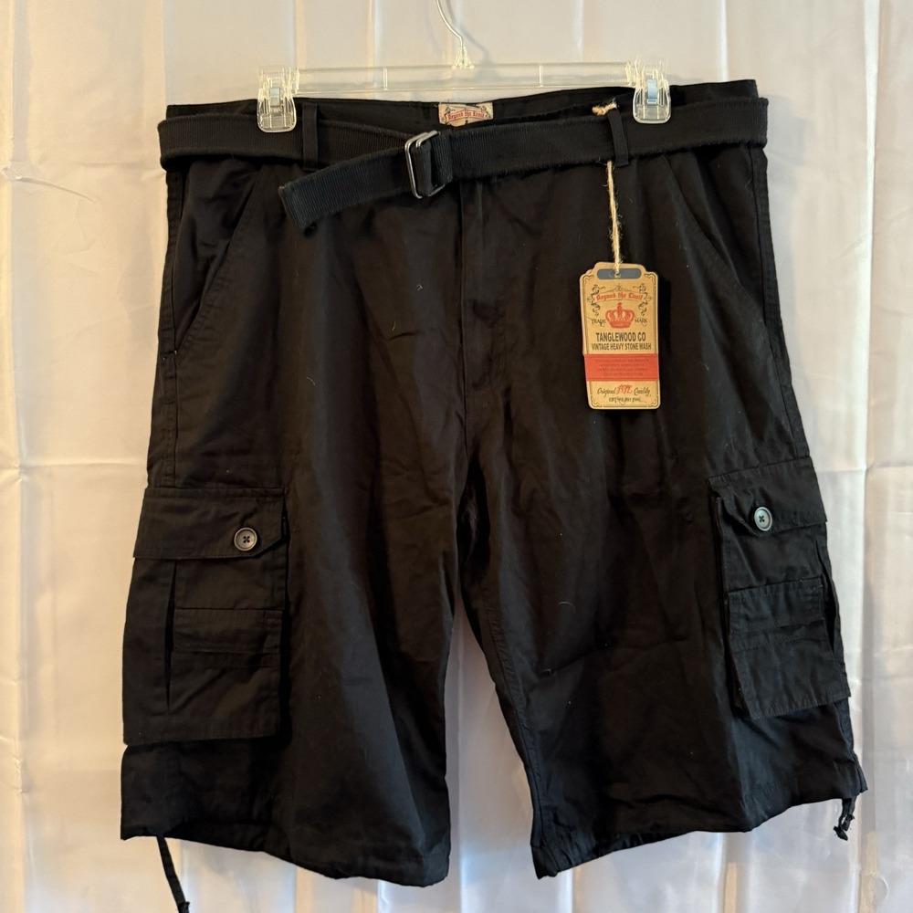 BTL Beyond The Limit Belted Cargo Pockets Drawstring Hem Men Black Shorts New 40